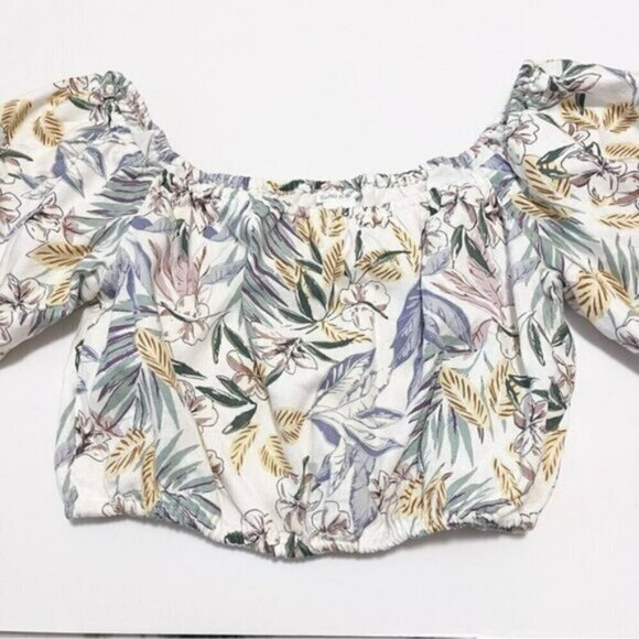 NEW Sigrid Olsen Ivory Floral Linen-blend Crop Peasant Top US S - Picture 3 of 6